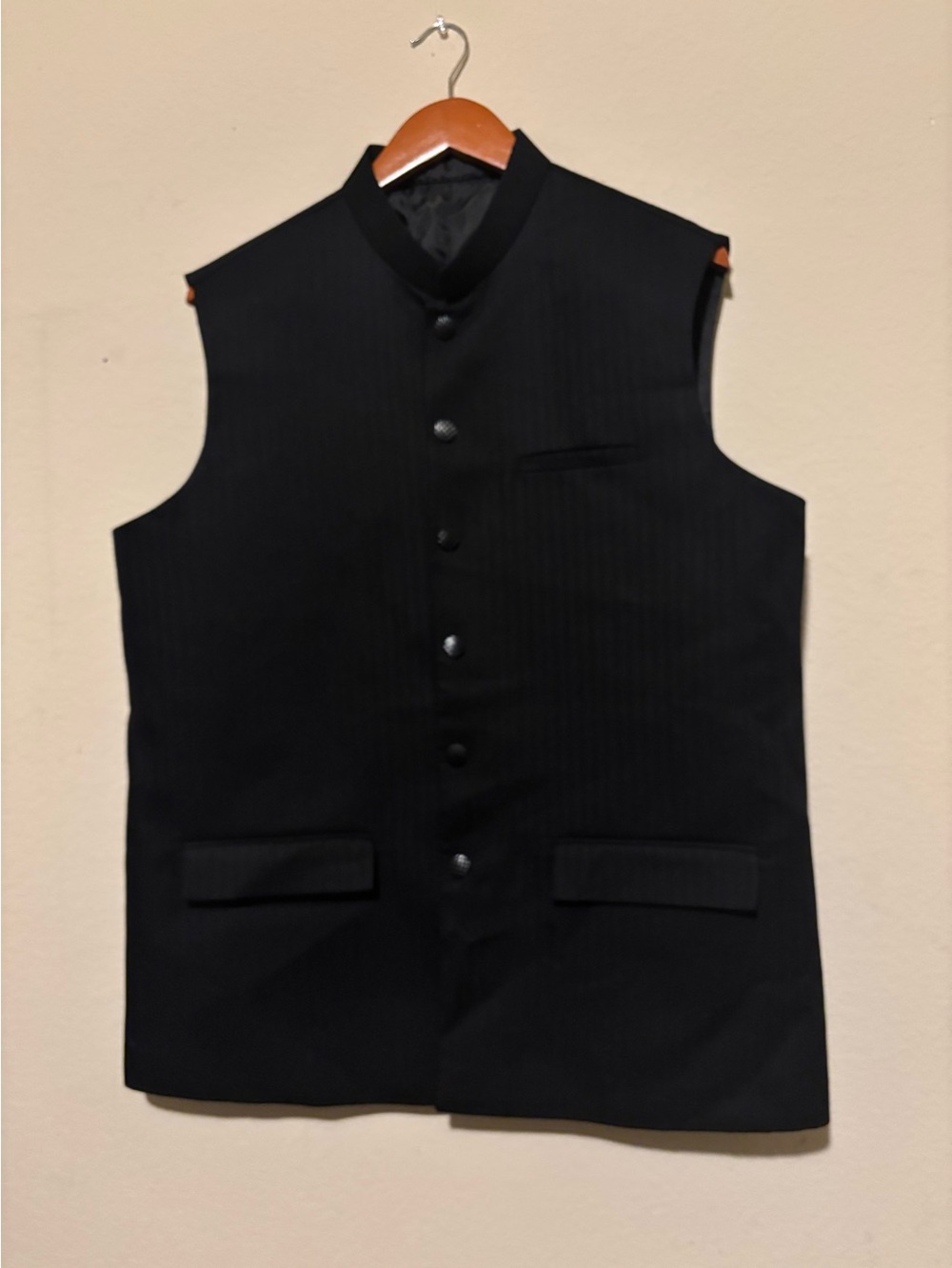 Junaid Jamshed J. Men’s Large Black Pakistani Waistcoat Mandarin Collar Snap Ves